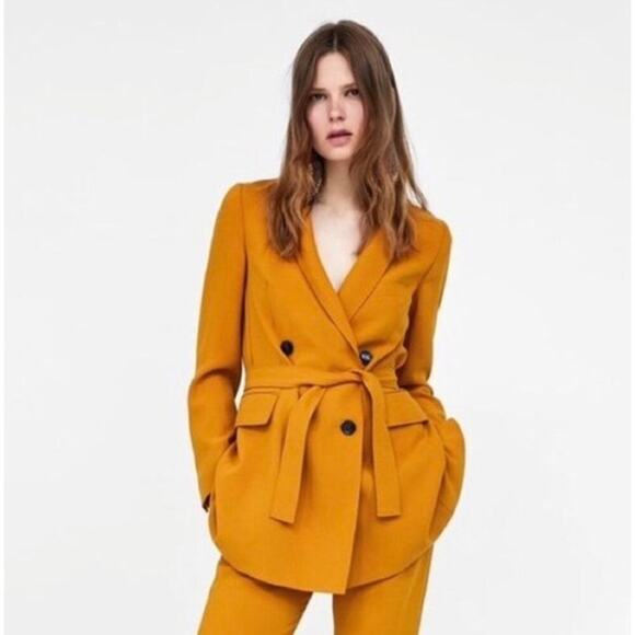 Zara Women’s Mustard Yellow Fitted Blazer with Belt size Small - Picture 1 of 8